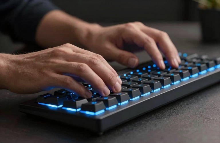 Close-up of hands typing on a premium mechanical keyboard with customizable blue backlighting in a dark, professional workspace in North America.