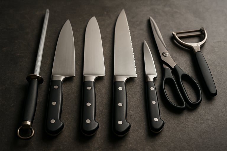 Close-up of professional chef knives and essential culinary tools arranged neatly on a dark stone countertop. The lighting is crisp, highlighting the sharp edges and metallic textures. Central European kitchen setting.