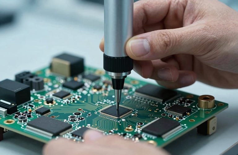 A macro photograph of professional hands using a precision testing probe on a complex circuit board, lighting is bright and technical with muted blue tones.