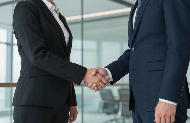 Professional handshake between two people in a glass office setting, symbolizing a reliable and long-term business partnership.