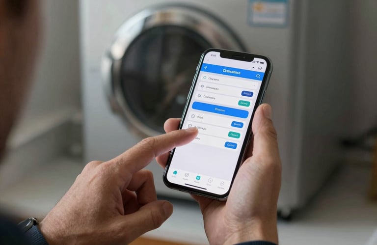 A technician's hand pointing at a smartphone screen showing a professional scheduling app, symbolizing quick assistance, with a modern boiler in background.