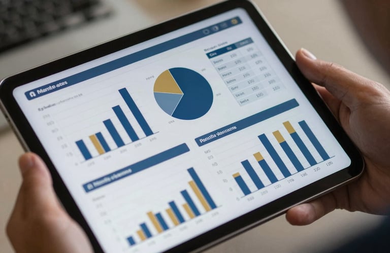 A close-up of a tablet displaying clear, organized data charts in Navy Blue and Gold, held by a professional in a Spanish-speaking / Hispanic setting.