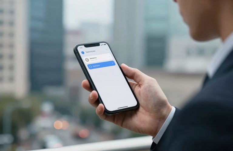 A professional in a suit looking at a smartphone with a clean notification interface, bokeh North American urban background, teal and light blue tones.