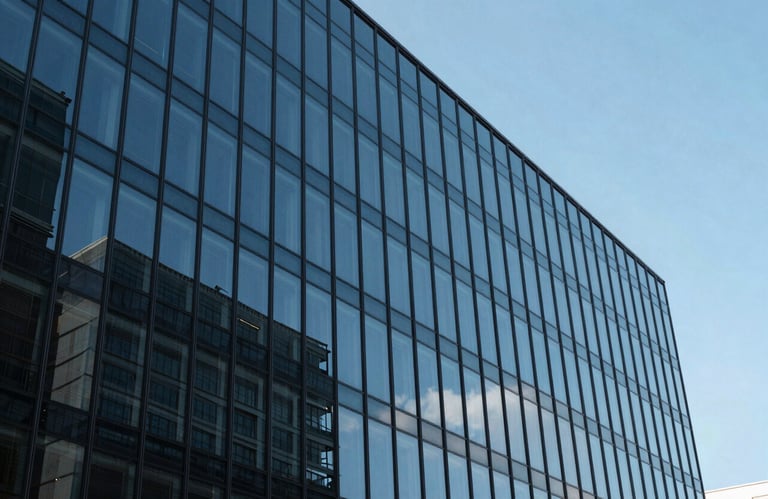 An architectural photograph of a contemporary glass building reflecting a clear blue sky. The scene conveys reliability and professional strength in an International / Global context.