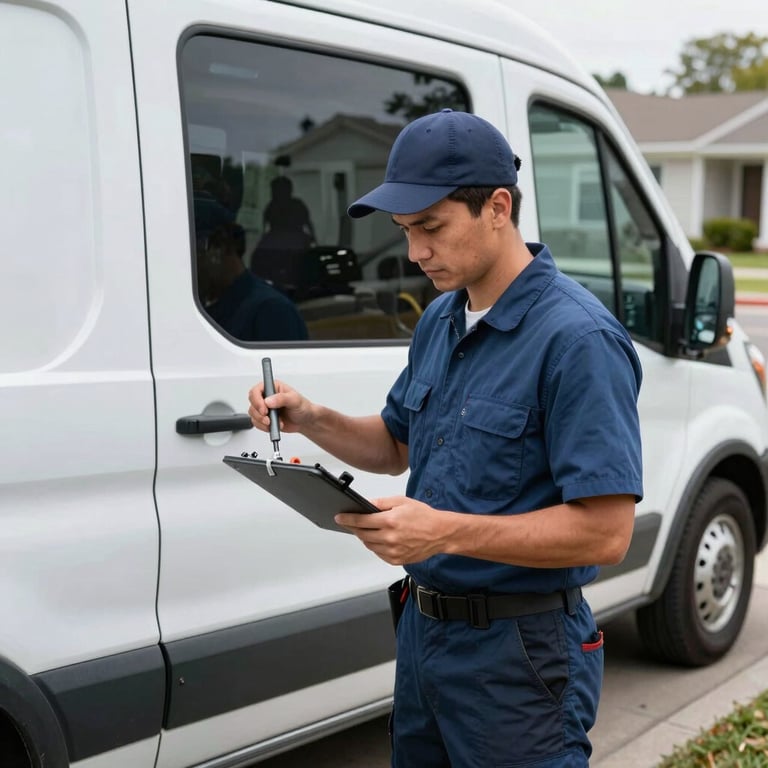 A professional door technician in a clean uniform carrying specialized tools near a branded service van in a North American US neighborhood.