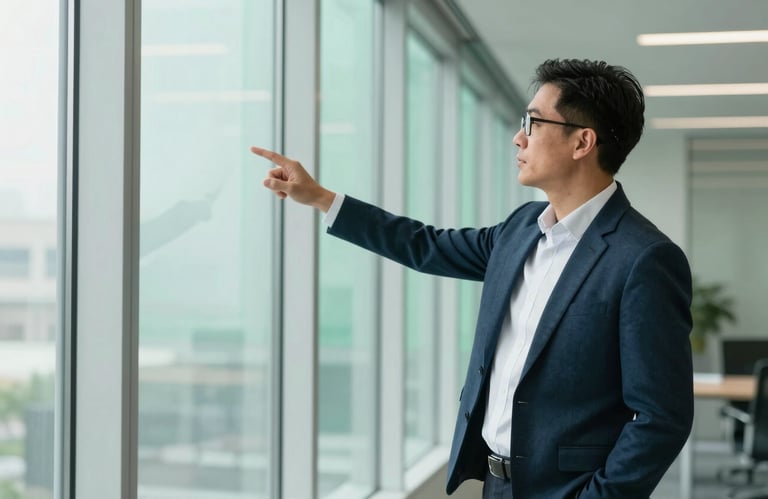 A professional North American business leader gesturing confidently toward a wall of glass windows in a clean, modern executive office with Mint Green and Forest Green accents.