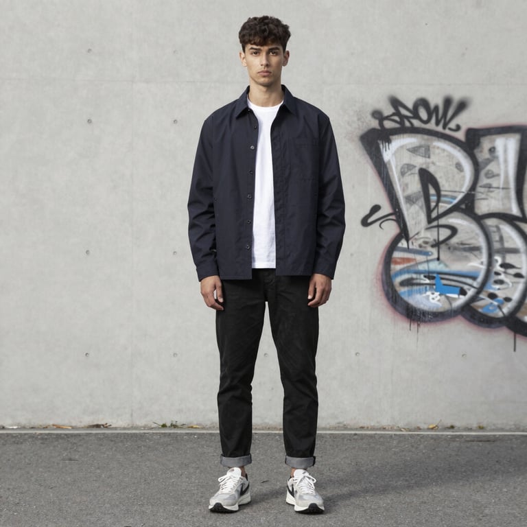 Editorial shot of a male model in urban streetwear against a minimalist city backdrop.