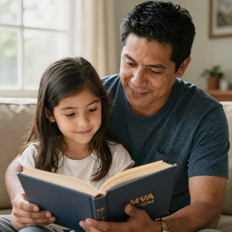 A tender moment showing a North American / Hispanic father and young daughter reading a book together in a sunlit room, emphasizing legacy and family values.