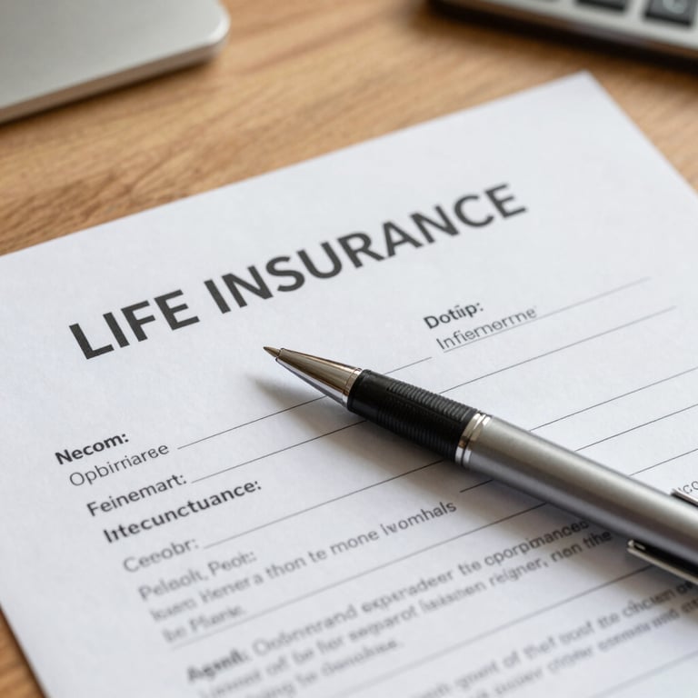 A close-up photograph of a pen resting on a life insurance document on a clean, wooden desk, representing professional financial expertise and planning.