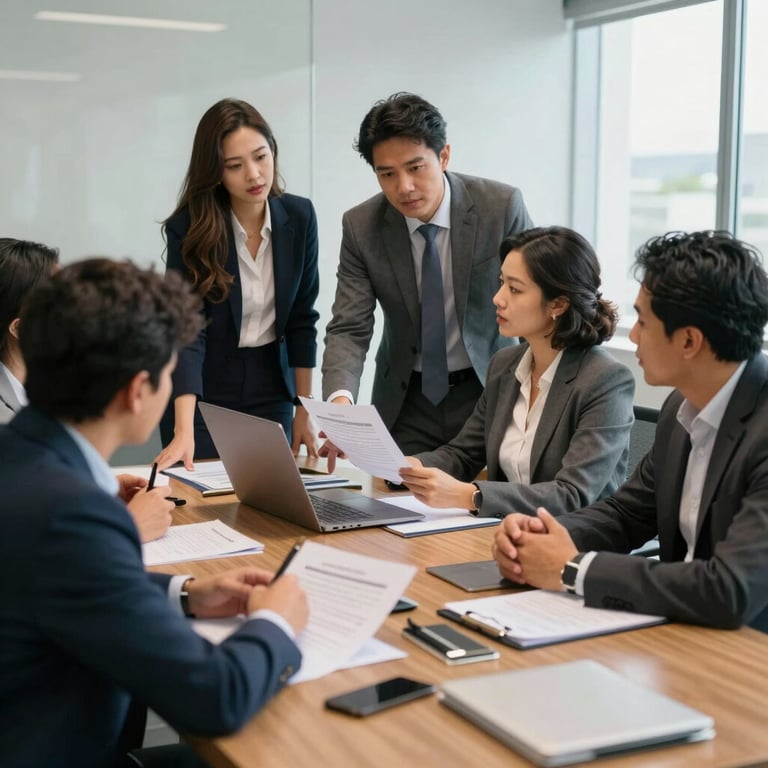 A collaborative team meeting in a bright Brazilian corporate boardroom. Professionals are discussing strategies around a table, illustrating teamwork and focus on personalized solutions.