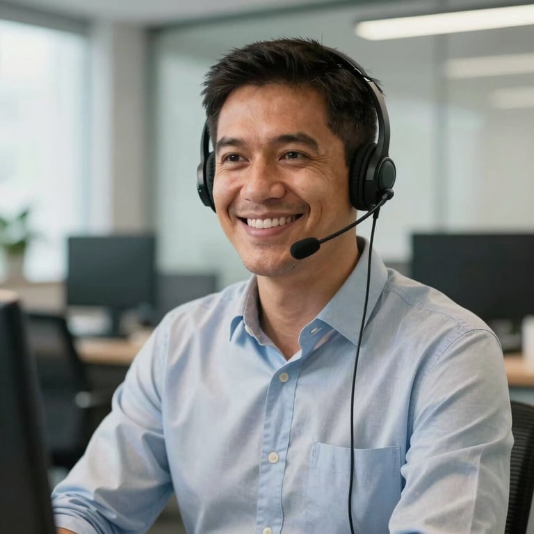 A portrait of a professional operator in a modern South American office, focusing on a confident smile and a high-quality headset. Soft natural lighting emphasizes a welcoming and trustworthy atmosphere.