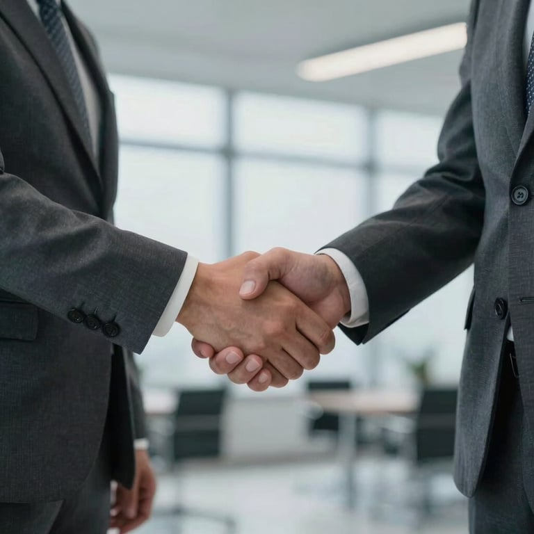 A professional, close-up photograph of two business partners shaking hands in a North American / US corporate setting, with soft natural lighting and gray-blue tones.