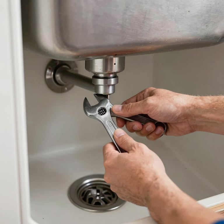 A professional plumber's hand tightening a pipe under a clean modern sink using a metal wrench, North American / US residential kitchen setting.