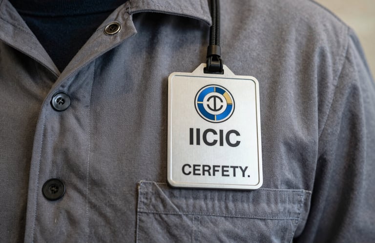 A detailed close-up of an official IICRC certification badge on a clean professional uniform, set against a blurred background of restoration equipment.