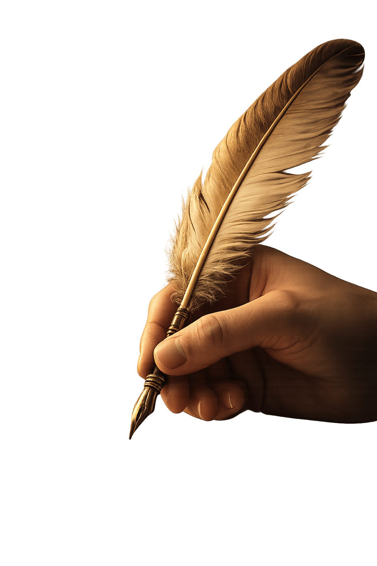 Hand holding a vintage quill pen with a brown feather and gold nib for calligraphy writing.