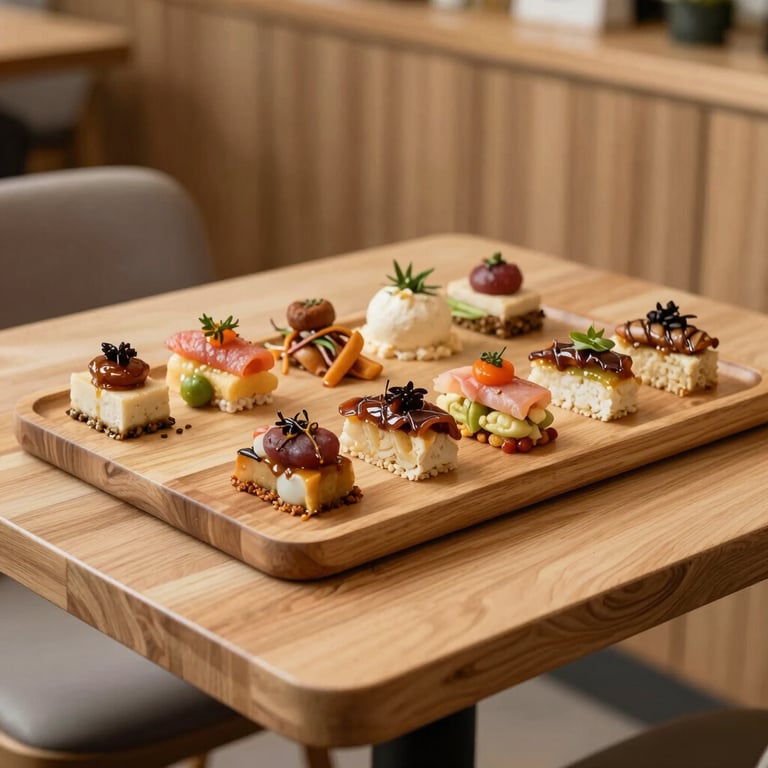 Platillo gourmet de presentación impecable en un restaurante de estilo escandinavo con acabados de madera clara y luz ambiental suave.