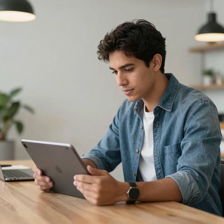 Un profesional de marketing hispano revisando métricas de redes sociales en una tablet, sentado en un espacio de diseño limpio y moderno.