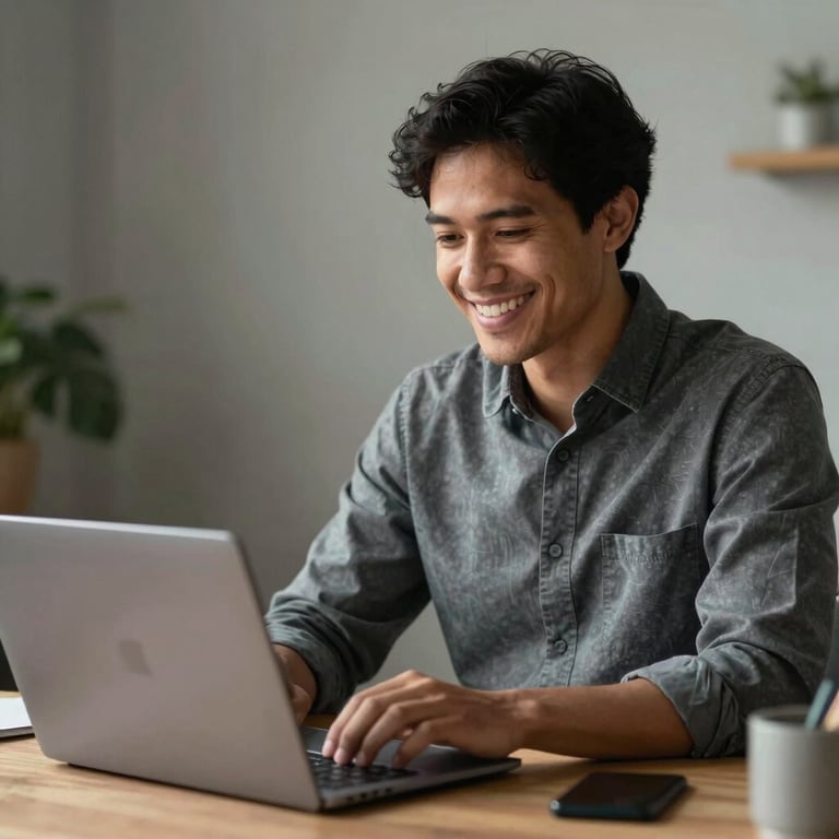 A smiling North American professional at a desk with a laptop, looking relieved and happy while video conferencing, indicating a smooth connection.