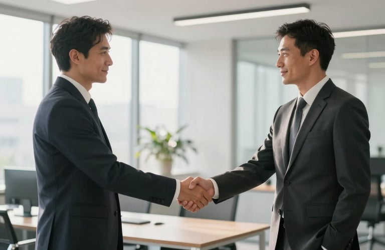 A professional handshake between two business partners in a sleek, modern Central European / German office. Soft morning light, professional attire, clean composition.