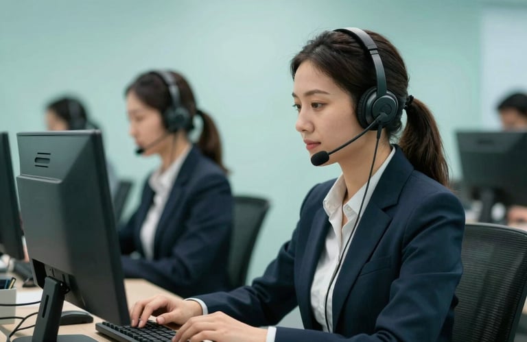 A customer service representative in a modern Central European / German call center environment, focused and professional. Dark Teal and Pale Aqua tones in the background.