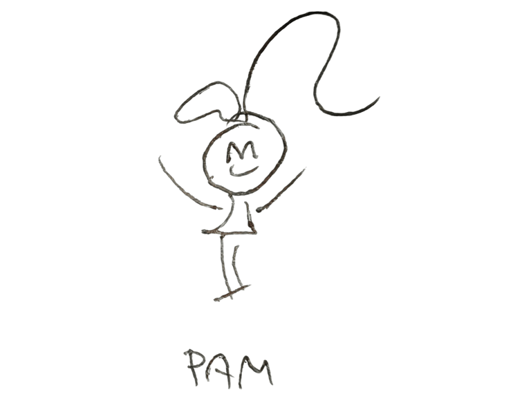 A simple line drawing of a dancing girl with a ponytail and the name Pam on a black background.