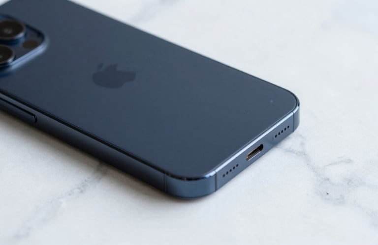 Close-up photography of a high-end smartphone with a matte deep navy finish resting on a clean white marble surface. Soft, professional lighting. Global / Tech-focused.