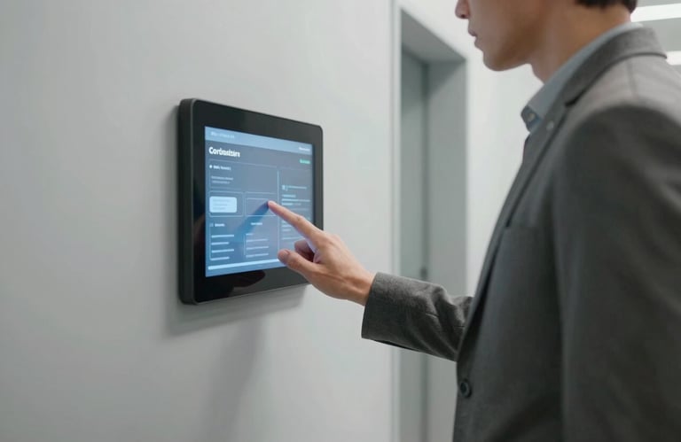 A person in smart-casual attire interacting with a wall-mounted digital touch screen in a bright, modern light gray corridor. Clean lighting. Global / Tech-focused.