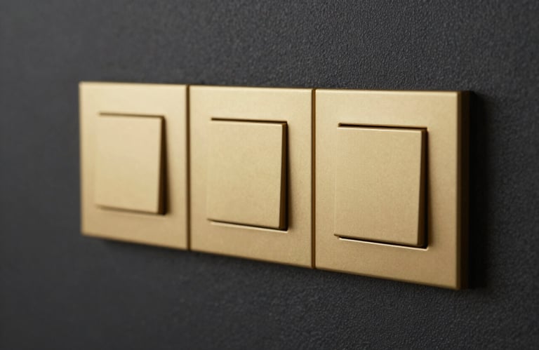 Detail of premium gold-finished light switches and smart home control panel on a dark textured wall, professional macro photography.