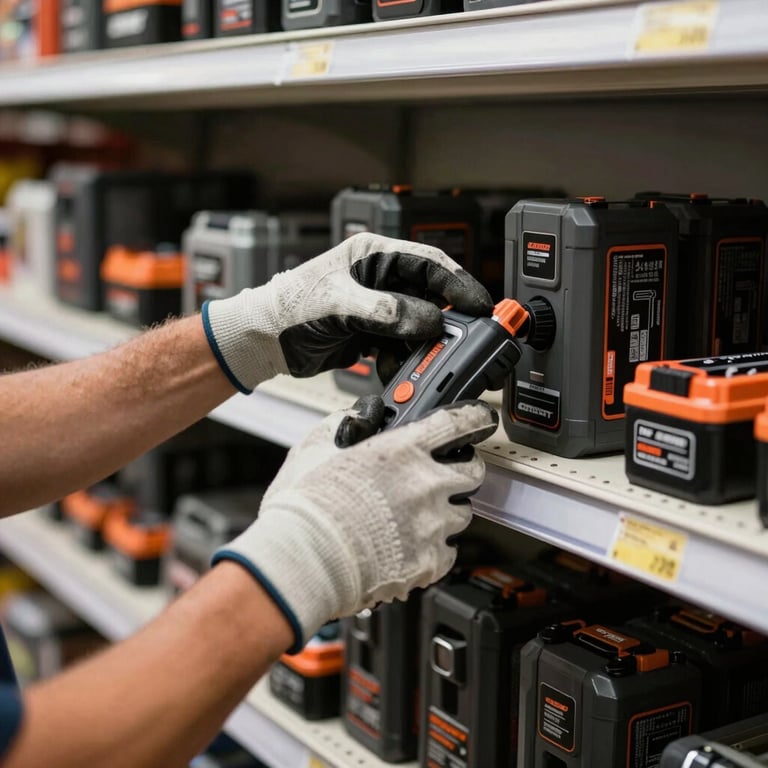Close-up of a worker's hands in professional gloves organizing a shelf of high-end power tool batteries and accessories, South American / Brazilian industrial retail setting.