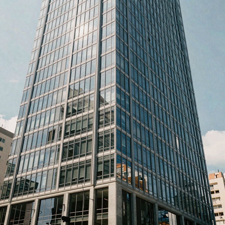Photography of a modern office building in a South American / Brazilian city, focusing on the professional architecture and clean glass panels. Natural daylight.