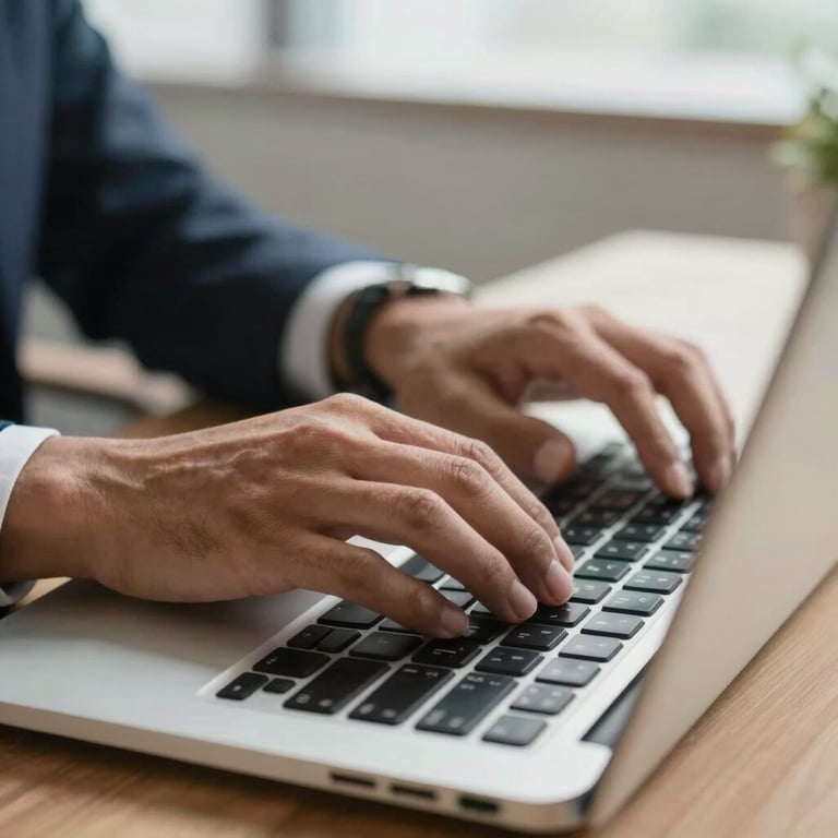 Close-up of a person's hands in a professional South American / Brazilian office setting, typing on a modern laptop keyboard. Clean, soft daylight atmosphere.