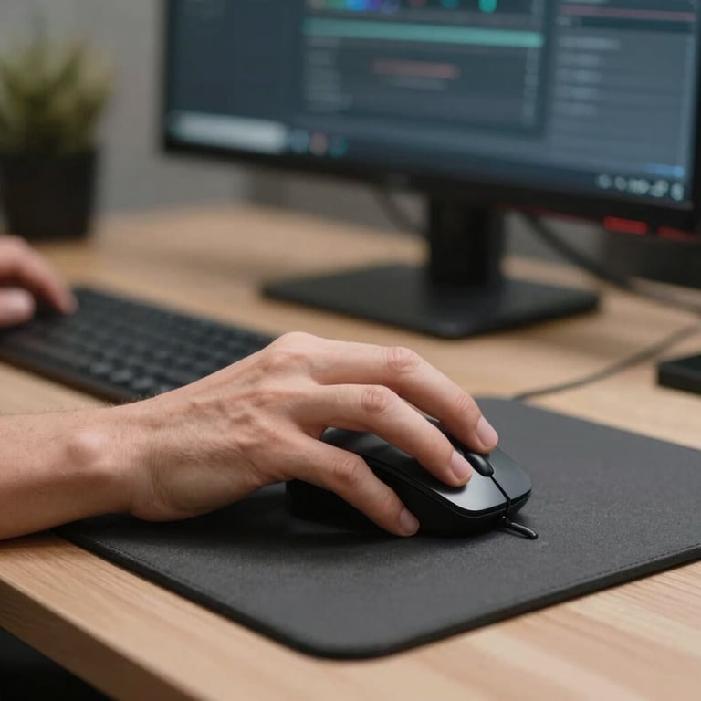 Photography of a creative professional's hands using a high-precision mouse on a charcoal-colored desk pad, with a blurred high-resolution monitor in the background, typical of a modern North American tech hub.