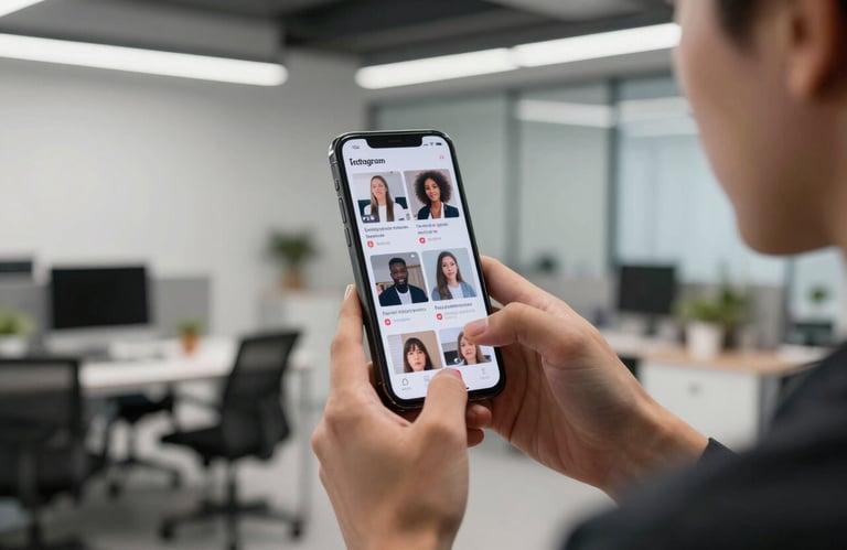 A content creator in a modern US-based office using a smartphone to review Instagram reels, with a blurred background of a sleek, minimalist workspace.
