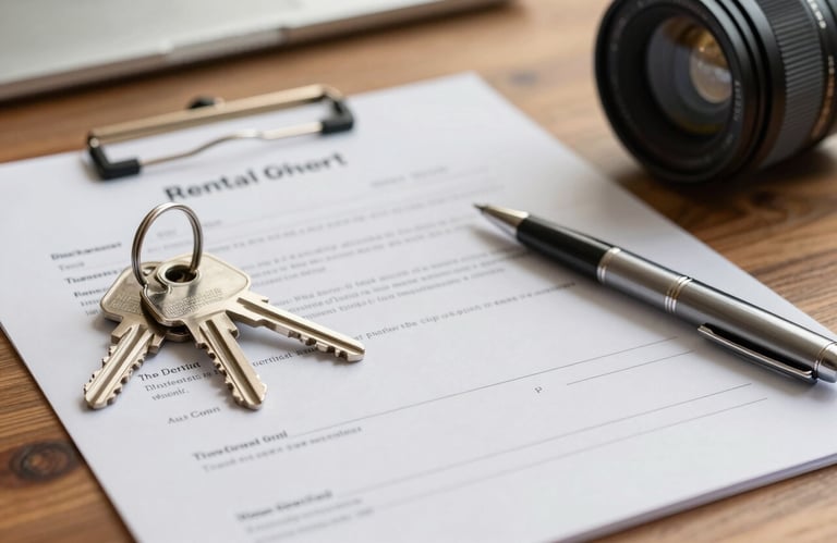 A close-up shot of a signed rental agreement on a wooden desk with a pair of silver keys and a sleek pen, South Asian setting, blurred background, warm lighting.
