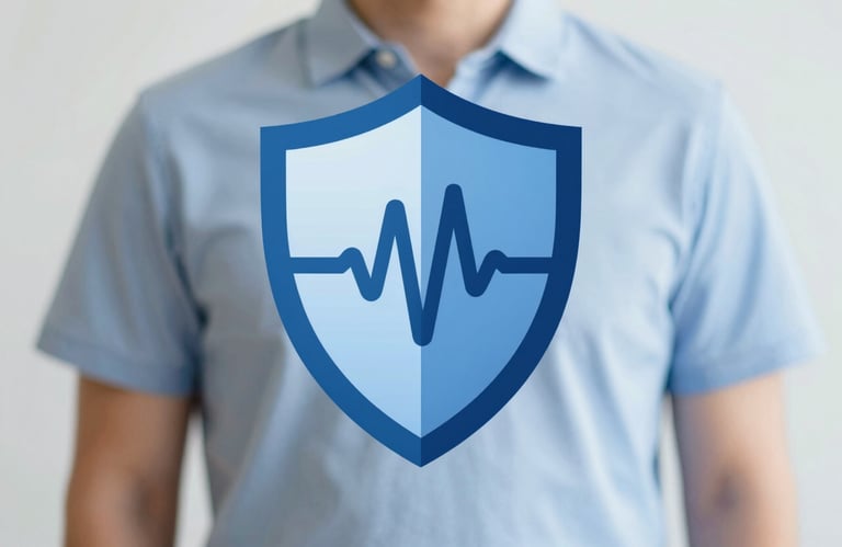 A stylized icon of a blue digital shield with a pulse line in the center, symbolizing medical data security. Clean, professional composition with #0C2B3C tones.