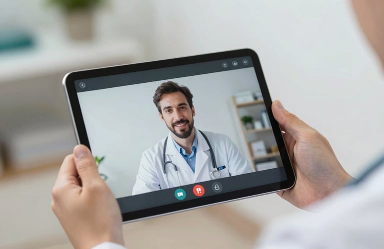 Close-up of a healthcare provider's hands holding a tablet with a video call interface active, conveying a sense of personal connection through digital means. Soft, empathetic lighting.