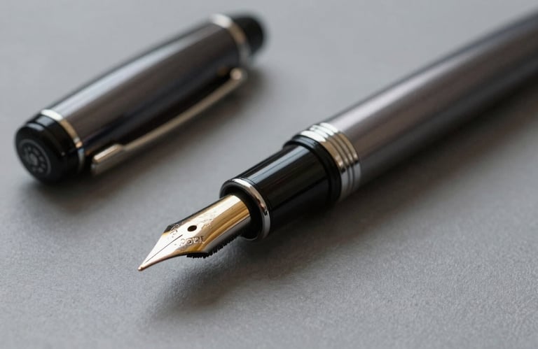 A close-up of a high-end fountain pen resting on a muted grey desk surface, symbolizing professional management consulting.
