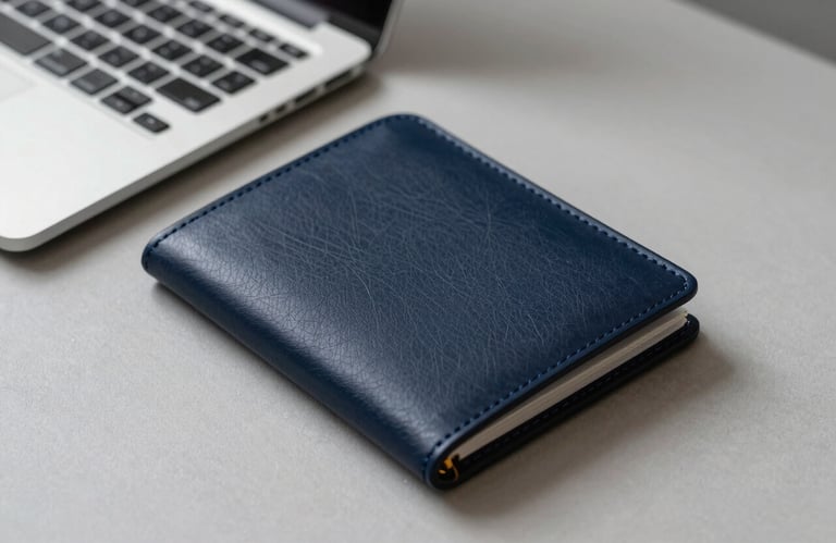 A professional leather portfolio in deep navy resting on a light grey desk beside a silver laptop. Minimalist and corporate aesthetic.