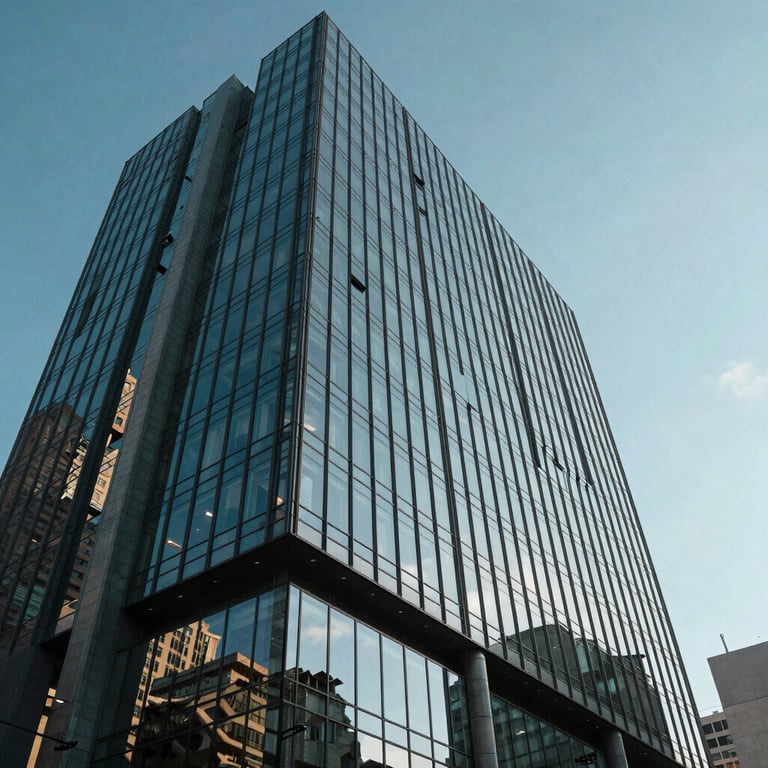 Low angle shot of a contemporary glass office building in a major Hispanic metropolitan area, reflecting a clear blue sky, emphasizing corporate trust and scale.