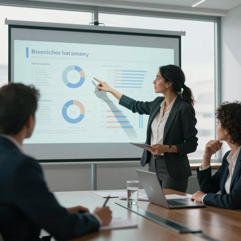 A Hispanic female executive leading a digital strategy session in a sunlit, modern boardroom, pointing at a projection of a professional business plan.
