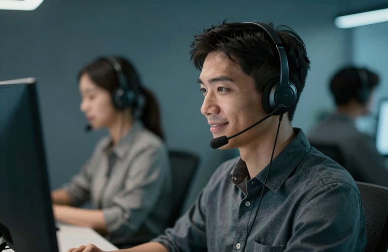 A customer service professional in a Global tech support hub wearing a headset, smiling slightly, blurred background with Deep Charcoal Teal tones.