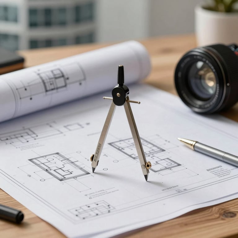 A close-up of blueprints and a designer's compass on a wooden desk, with a blurry view of a modern building in the background.