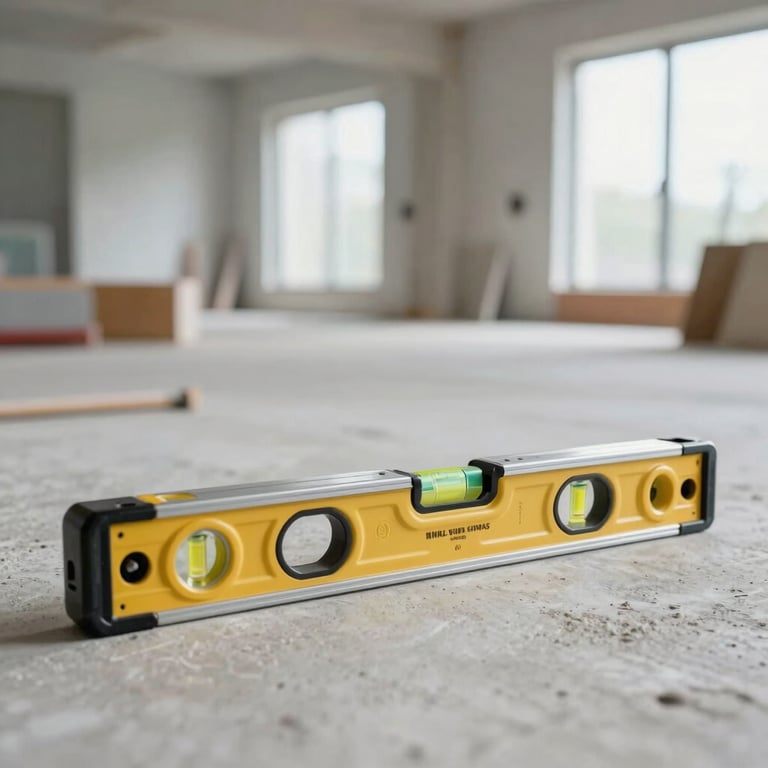 Professional construction tools and high-quality spirit level resting on a clean concrete floor in a bright, modern interior site.