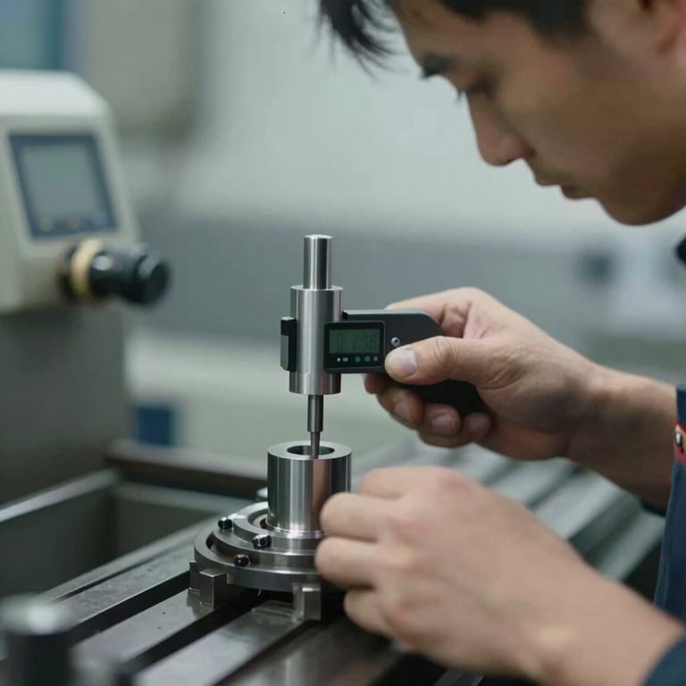 A skilled machinist using a digital micrometer to measure a cylindrical part on a lathe, professional and precise atmosphere.