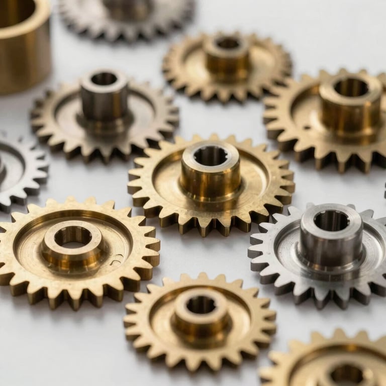 A collection of custom-made brass and steel gears machined to exact specifications, presented in a professional layout.