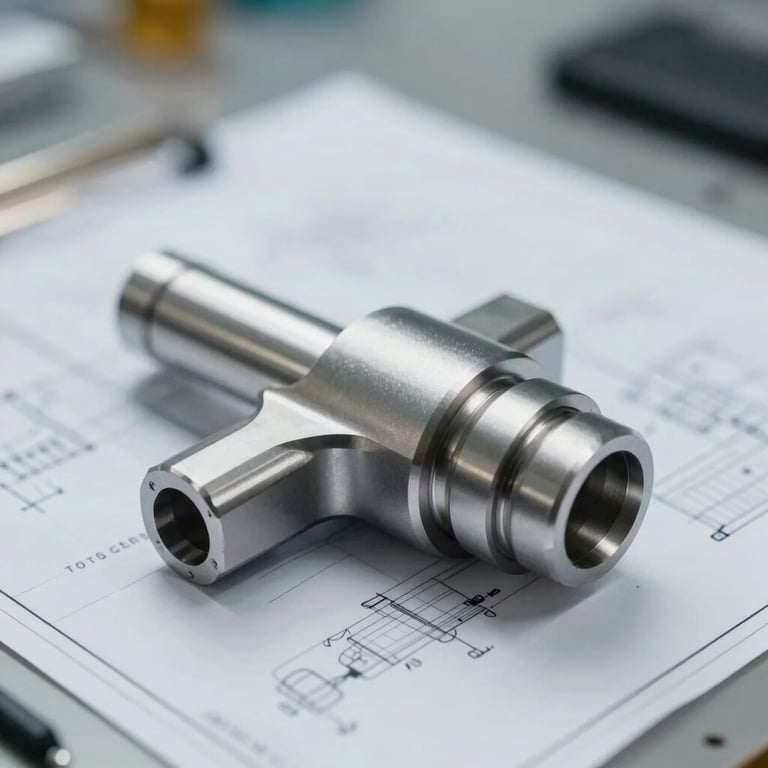 A perfectly machined aerospace component made of steel, resting on a clean workbench with technical blueprints in the background.