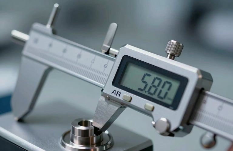 Close-up of a digital micrometer measuring a high-precision metal component to demonstrate accuracy. Professional lighting highlights the #A5B8CC metal finish.