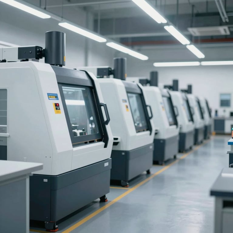 Wide shot of the workshop floor showing a row of clean, modern CNC machines in a well-lit, organized industrial environment.
