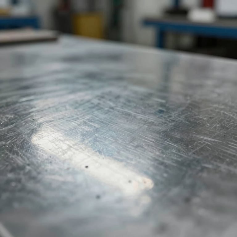 A close-up of a surface-ground metal plate reflecting the workshop lights like a mirror, showcasing the flawless finish.