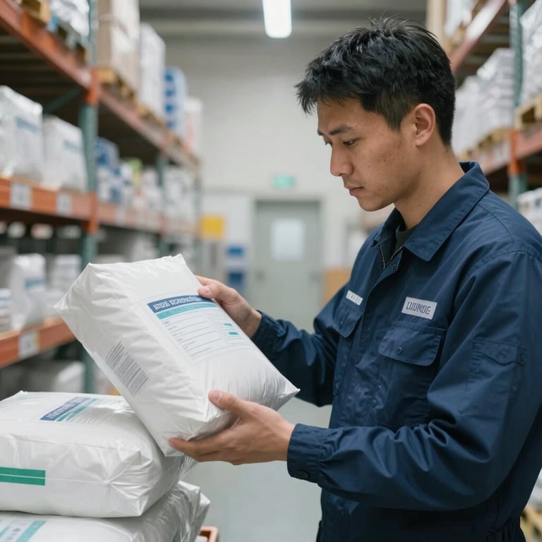 A professional inspector in a sterile North American warehouse environment checking a temperature-sensitive medical package.